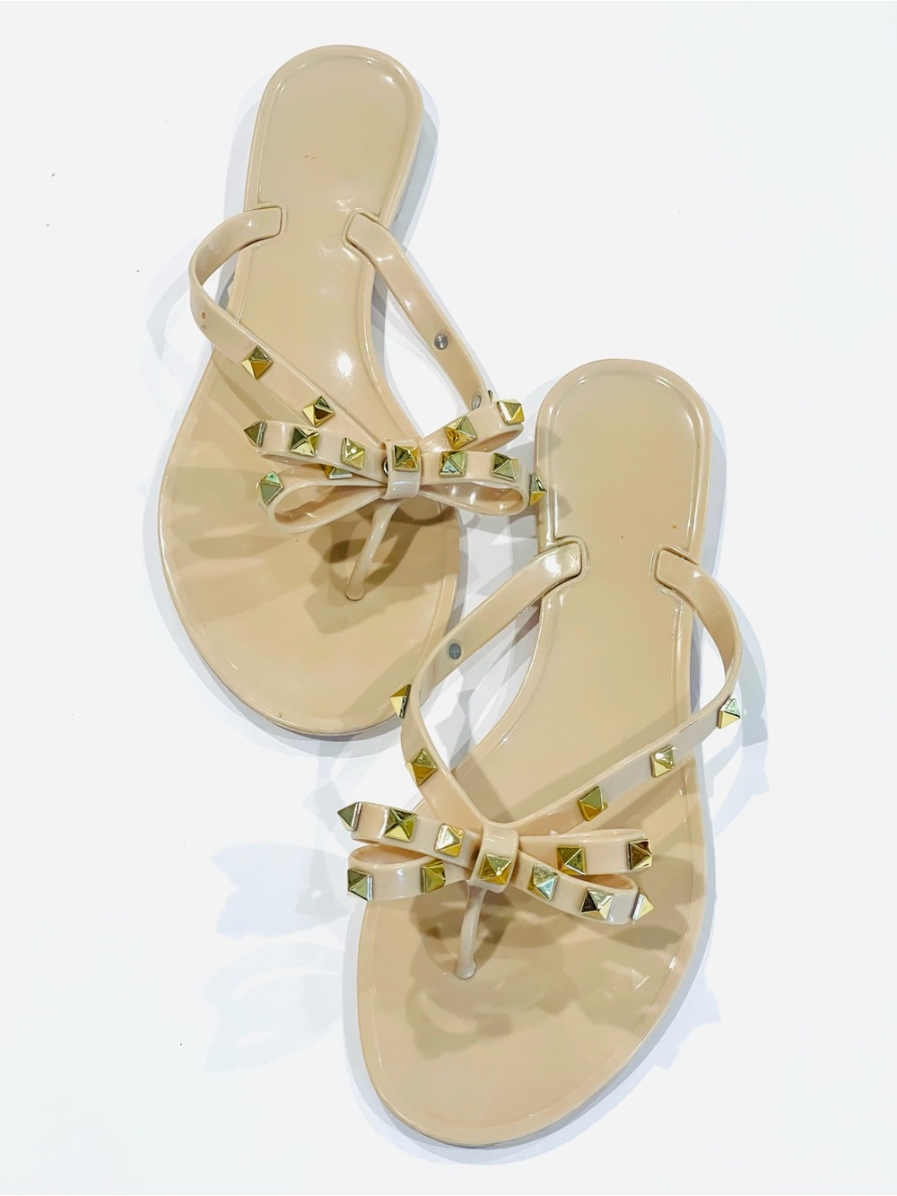Nude Bow Studded Jelly Flip Flops - Women